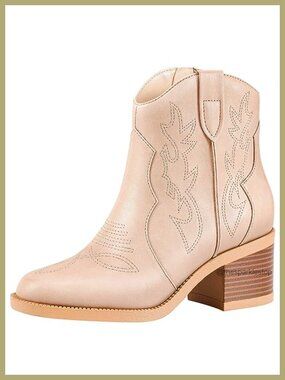 Embroidered Western Cowboy Ankle Boots Round Toe Chunky Heel